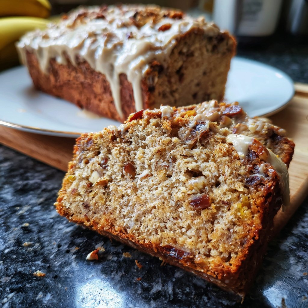 Bananenbrot mit Mandelmus und Datteln