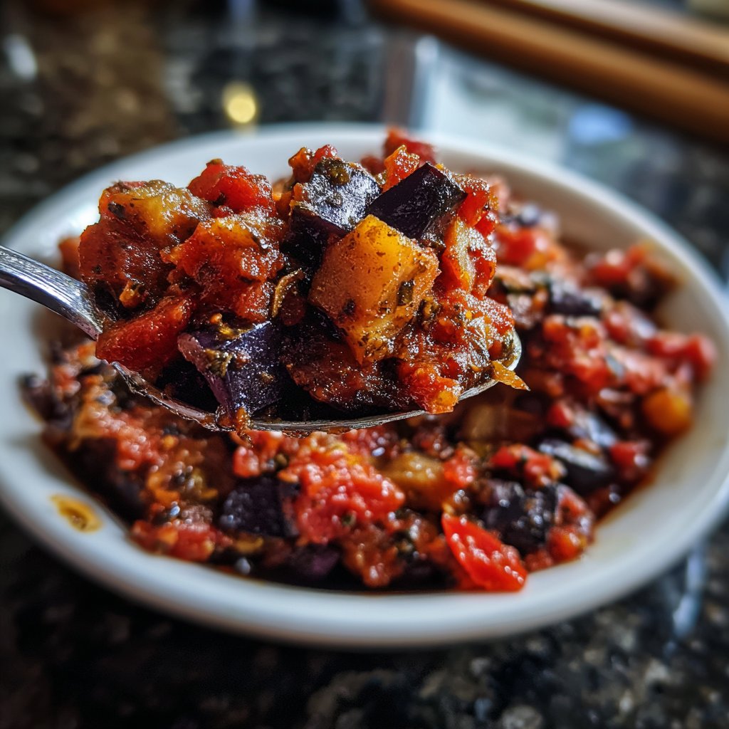 Auberginenpfanne mit Tomaten und Oliven